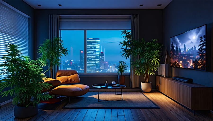Calm home environment for watching horror movies with cannabis plant and TV