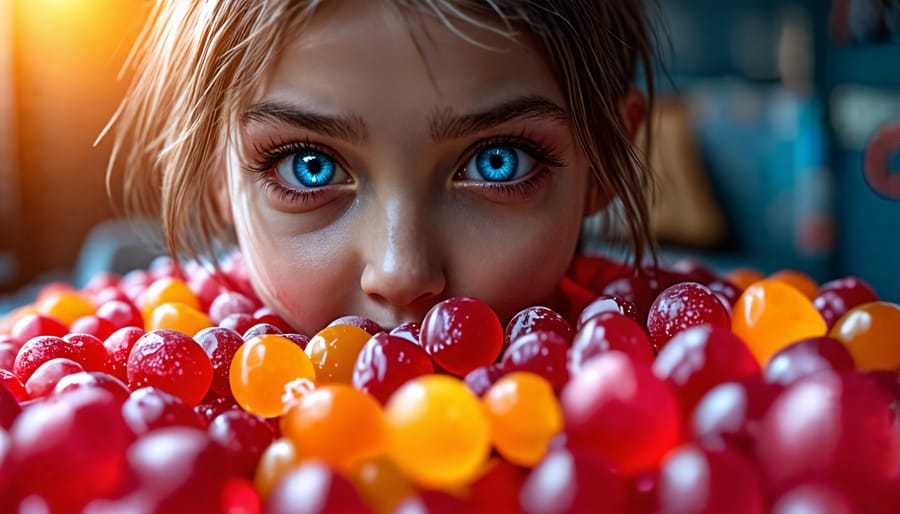 A still from a horror movie showing a sinister character offering candy with a dark intention