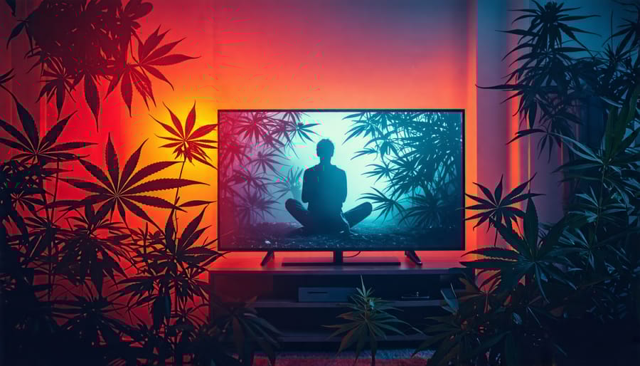 A living room with dim lighting, displaying a TV with abstract horror imagery. Surrounding the scene are soft silhouettes of cannabis leaves, depicting a balance between horror and relaxation.