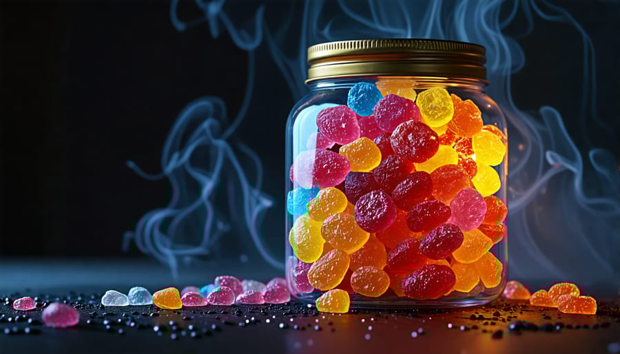 An abstract depiction of a jar filled with freeze-dried candies glowing eerily in the dark. The vibrant colors are muted, creating an unsettling atmosphere that combines sweetness with sinister allure.