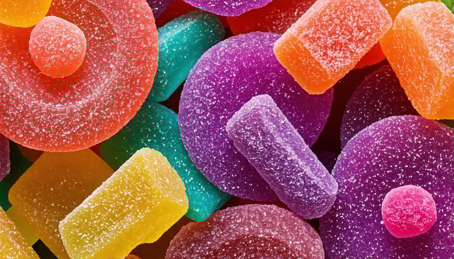 Assortment of freeze-dried candies with an eerie glow, set against a dark background