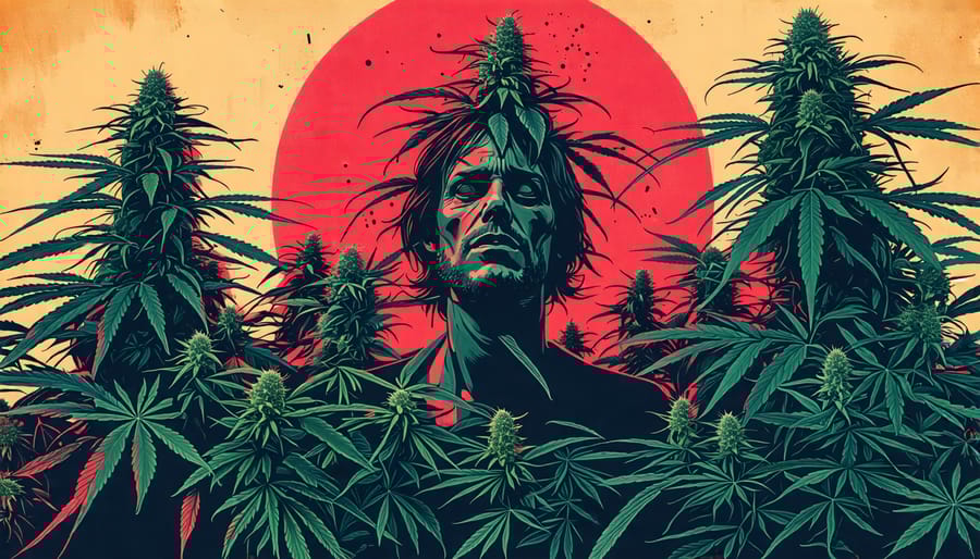 Collection of horror movie posters blended with soothing cannabis imagery