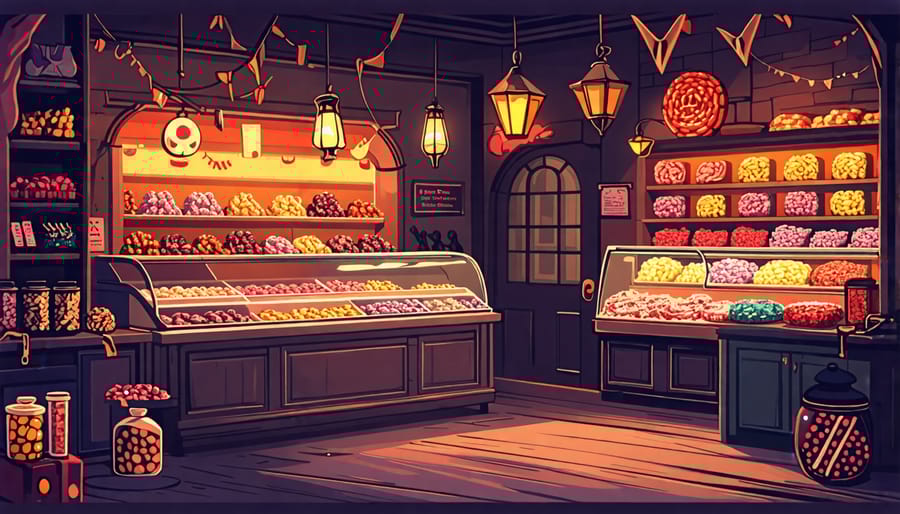 A vintage candy shop with an eerie and dark ambiance, featuring various types of candies