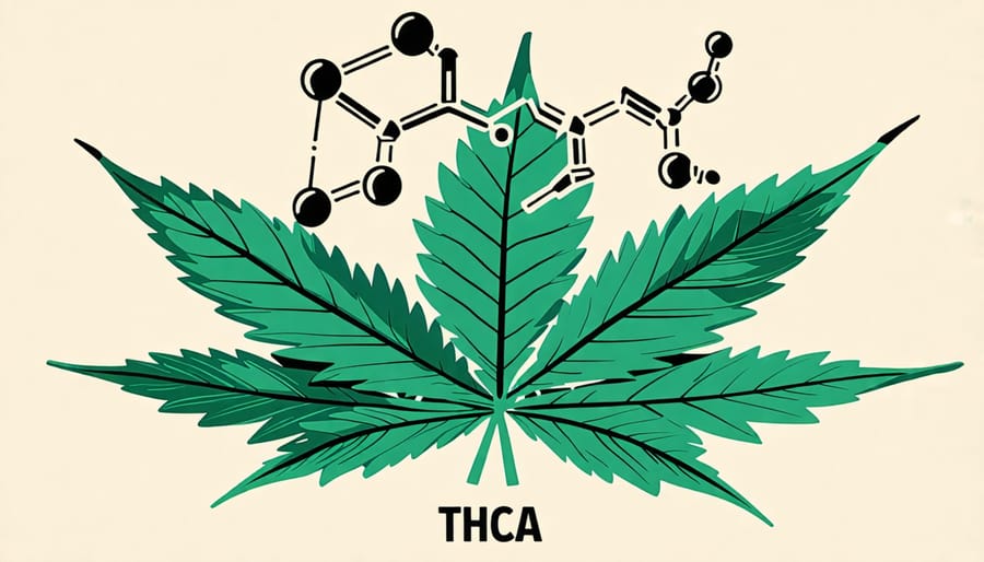 Chemical structure of THCA next to cannabis leaves illustrating the non-psychoactive compound