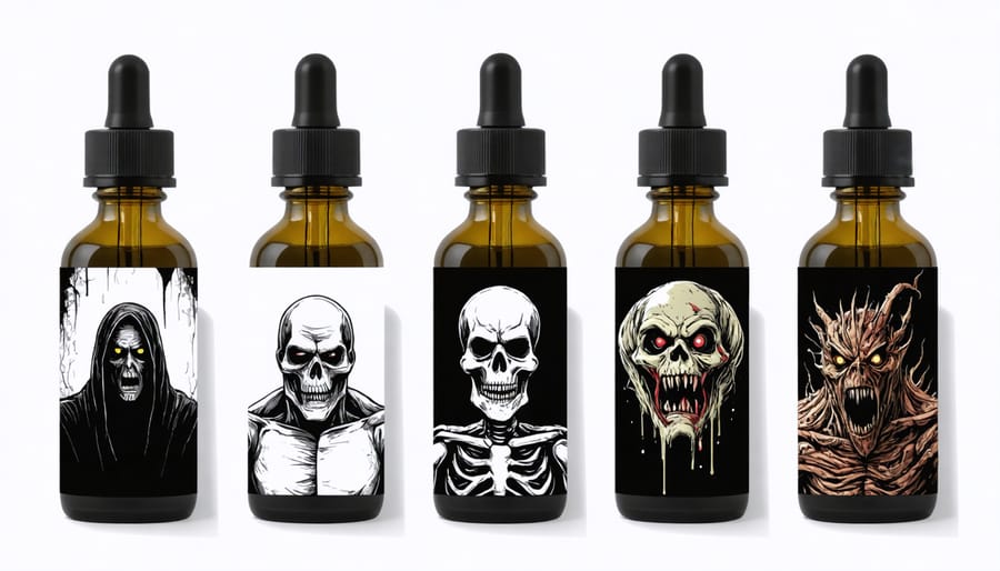 Display of specially themed vape juices with horror movie inspired packaging