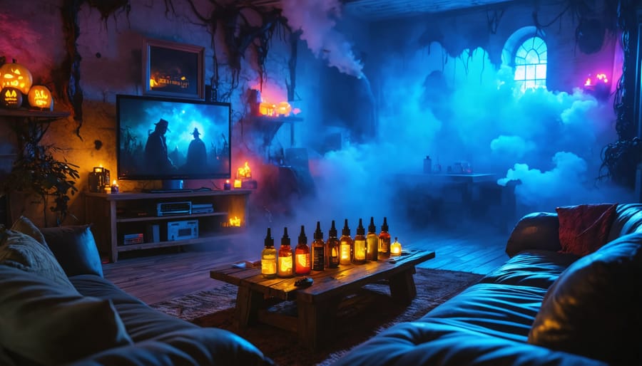 An atmospheric setup of a vape-friendly horror movie night, featuring swirling vapor clouds, cozy seating, and creative horror-themed vape juice bottles under ghostly LED lights.