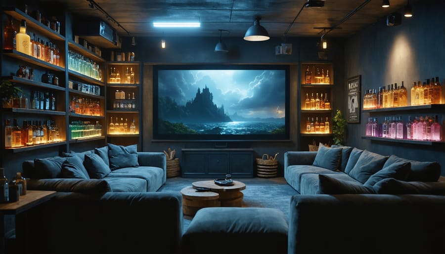 Cozy vape lounge converted into a movie screening room with ambient lighting and vapor clouds