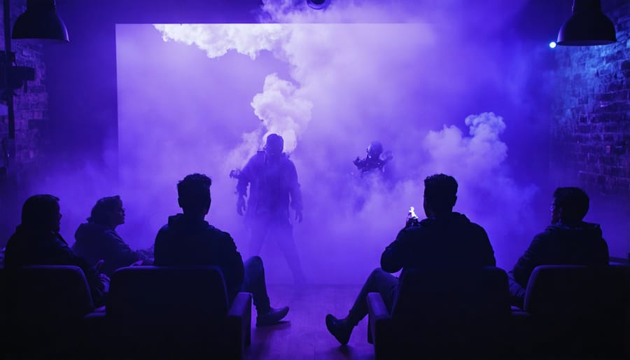 Viewers watching a horror film in a vape-friendly environment with atmospheric vapor effects
